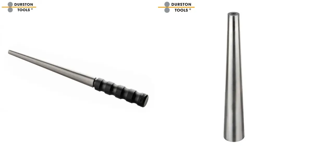 Two professional Durston Tools steel ring mandrels, including a handled model and a tapered grading mandrel for sizing rings.
