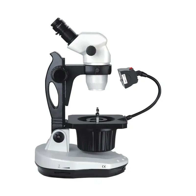 A stereo gemological microscope featuring a flexible gooseneck LED light attachment.