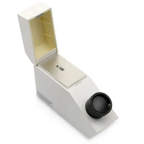 A portable gemological refractometer used to measure gemstone refractive index.