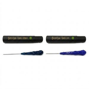 Greenlion Solder Wand titanium picks with black packaging tubes in Smoky Gray and Ocean Blue handles.