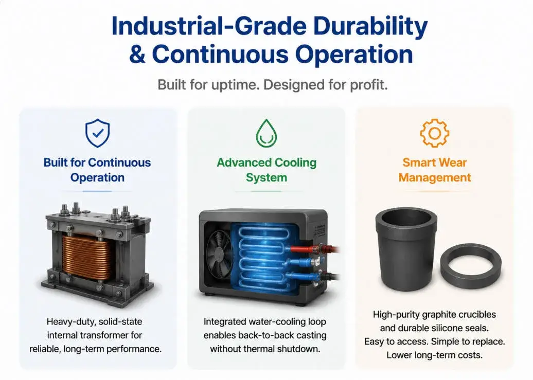 Technical graphic highlighting an internal transformer, an integrated cooling loop, and graphite crucibles.