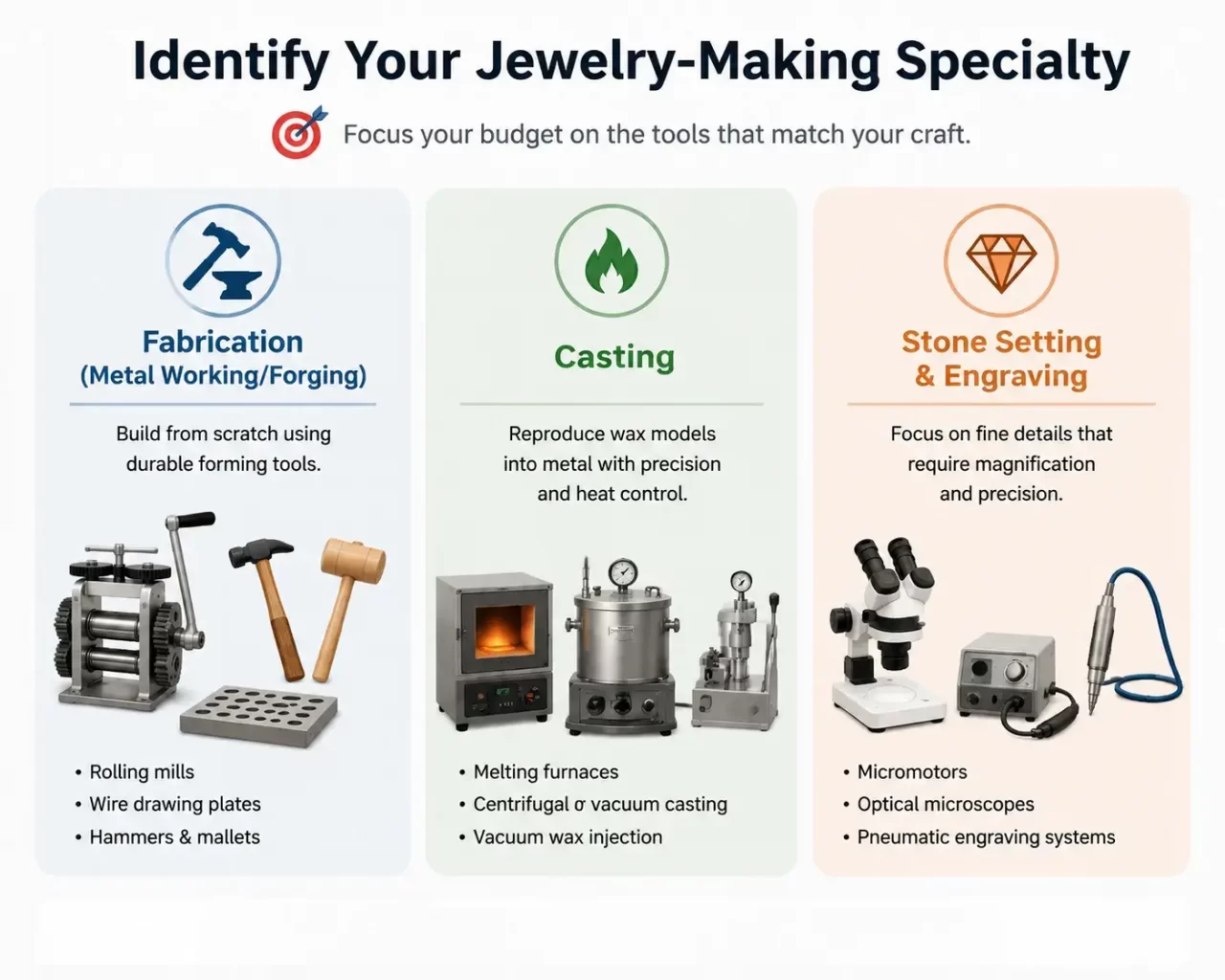 Infographic guide categorizing jewelry tools into fabrication, casting, and stone setting specialties.