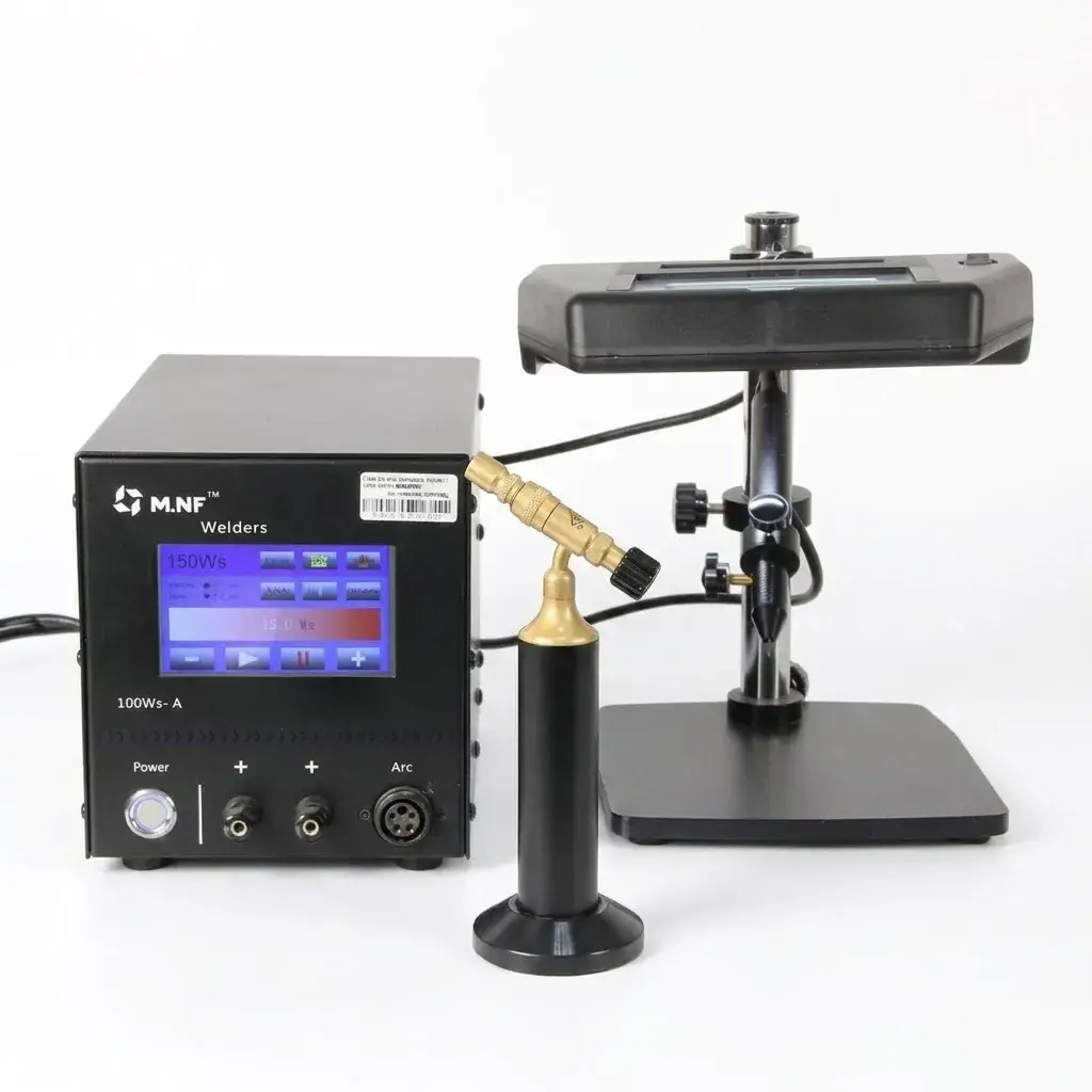 An M.NF pulse arc jewelry welding machine with a digital screen, torch handpiece, and welding microscope stand.