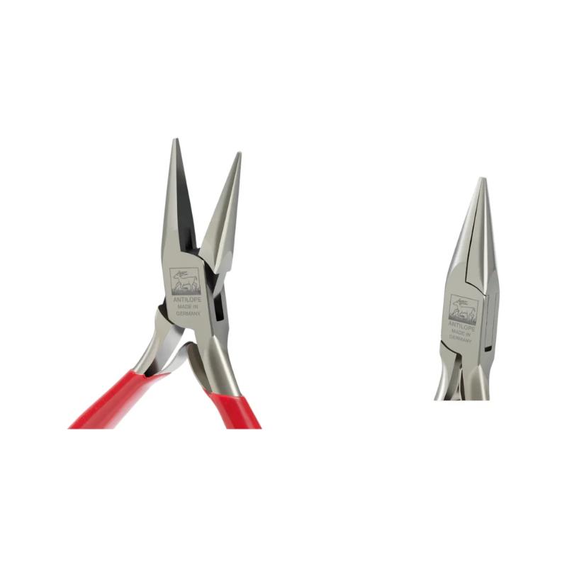 niqua® antilope chain nose pliers without spring & cut 120 mm Dual detail view highlighting the open smooth jaws and Antilope brand stamp alongside a side profile of the closed 120mm plier head.
