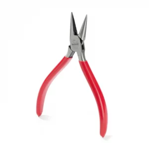 Front perspective view of the German-made NIQUA Antilope 130mm serrated chain nose pliers showcasing its red vinyl handles and long-reach box-joint head.