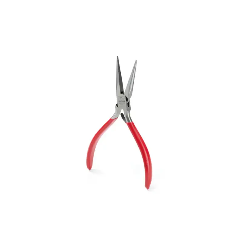 niqua® antilope chain nose pliers with spring & cut 145mm Front perspective view of the German-made NIQUA Antilope 145mm spring-assisted serrated chain nose pliers showcasing its red vinyl handles and long box-joint head.