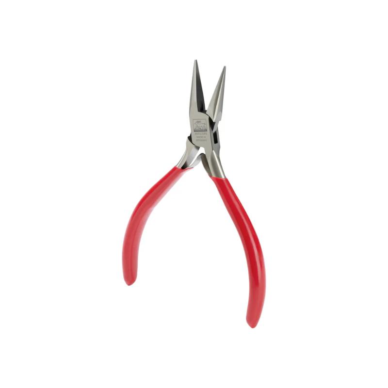 niqua® antilope chain nose pliers without spring & cut 120 mm Front view of the German-made NIQUA Antilope 120mm smooth chain nose pliers showcasing its red vinyl handles and precision steel box joint.