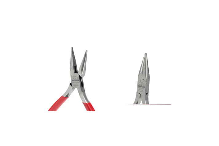 niqua® antilope chain nose pliers without spring with cut 120mm Detailed close-up illustrating the open serrated (mit Hieb) jaw texturing and Antilope brand stamp alongside a side profile of the closed 120mm plier head.
