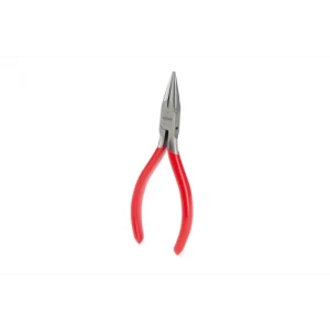 Front perspective view of the German-made NIQUA Antilope 130mm smooth chain nose pliers featuring red vinyl handles and a box-joint head.