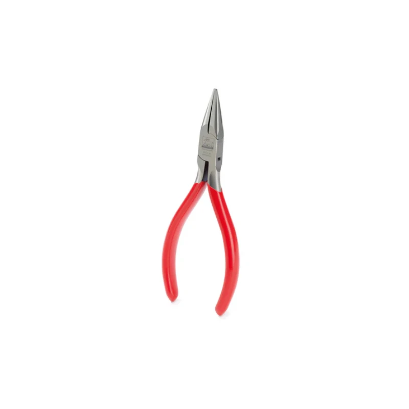 Front perspective view of the German-made NIQUA Antilope 130mm smooth chain nose pliers featuring red vinyl handles and a box-joint head. Front perspective view of the German-made NIQUA Antilope 130mm smooth chain nose pliers featuring red vinyl handles and a box-joint head.