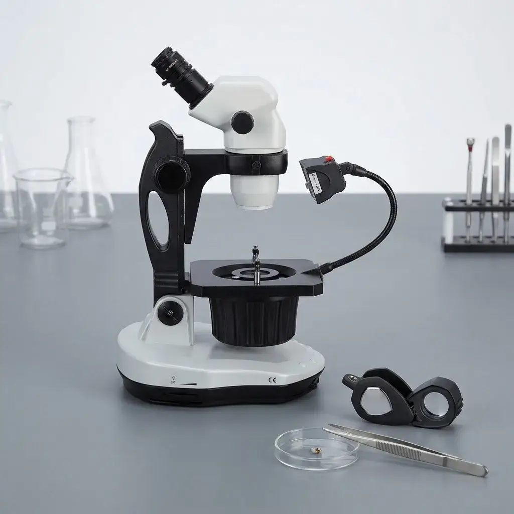 An optical microscope on a lab benchtop surrounded by glass flasks, tweezers, and a petri dish.