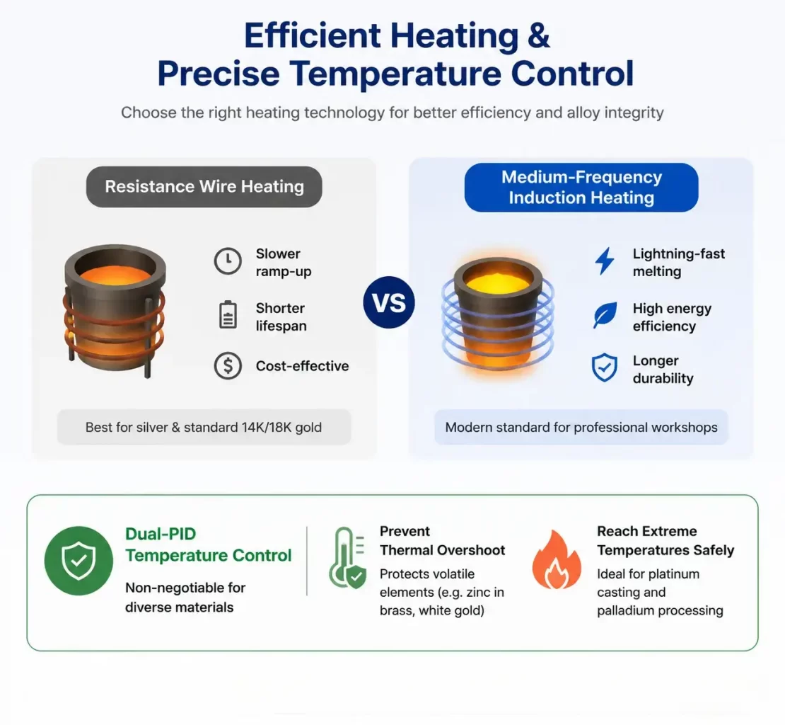 Comparison graphic between resistance wire heating and medium-frequency induction heating for jewelry workshops.