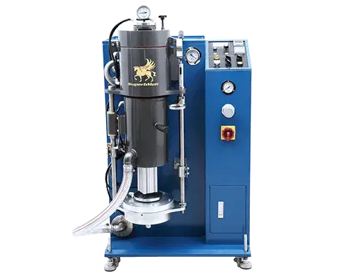 Front view of a blue SuperbMelt vacuum casting machine engineered for precious metal fabrication.