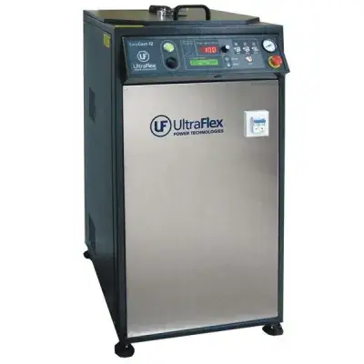 An UltraFlex Power Technologies floor-standing induction casting machine with a digital control panel.