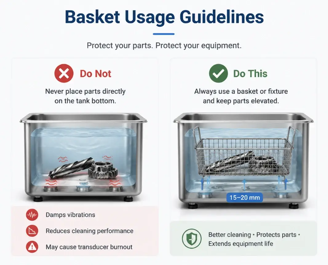 Infographic illustrating proper wire basket placement vs placing parts directly on the tank bottom