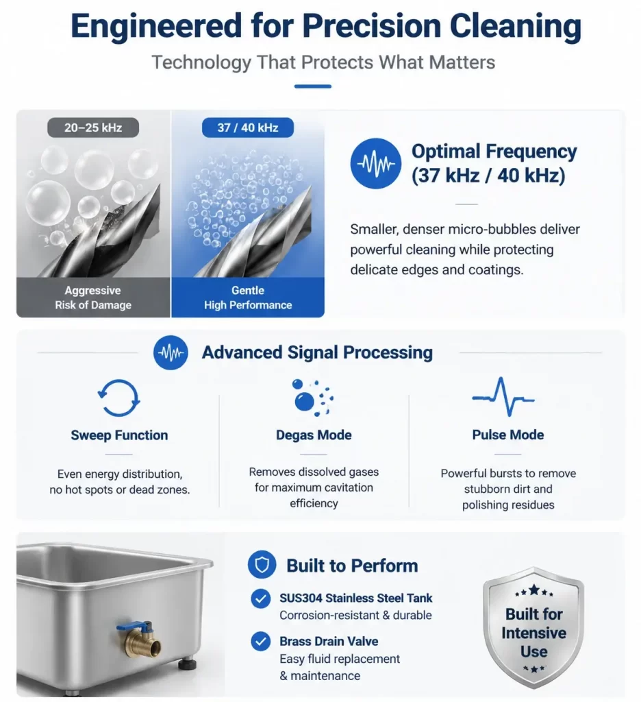 Infographic explaining ultrasonic cleaner frequency, signal processing modes, and tank durability