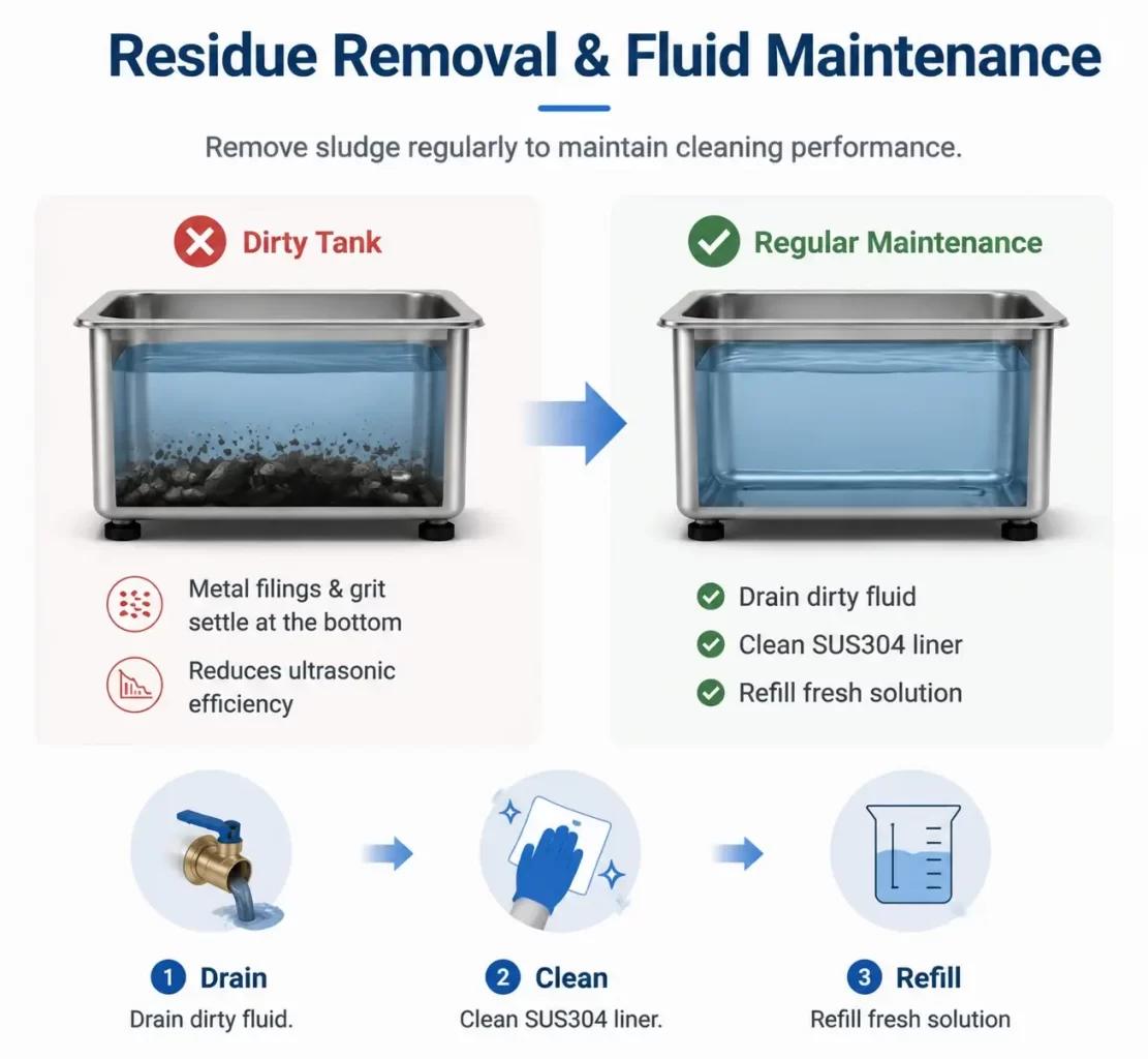 Infographic showing fluid maintenance steps including draining, cleaning the tank, and refilling solution