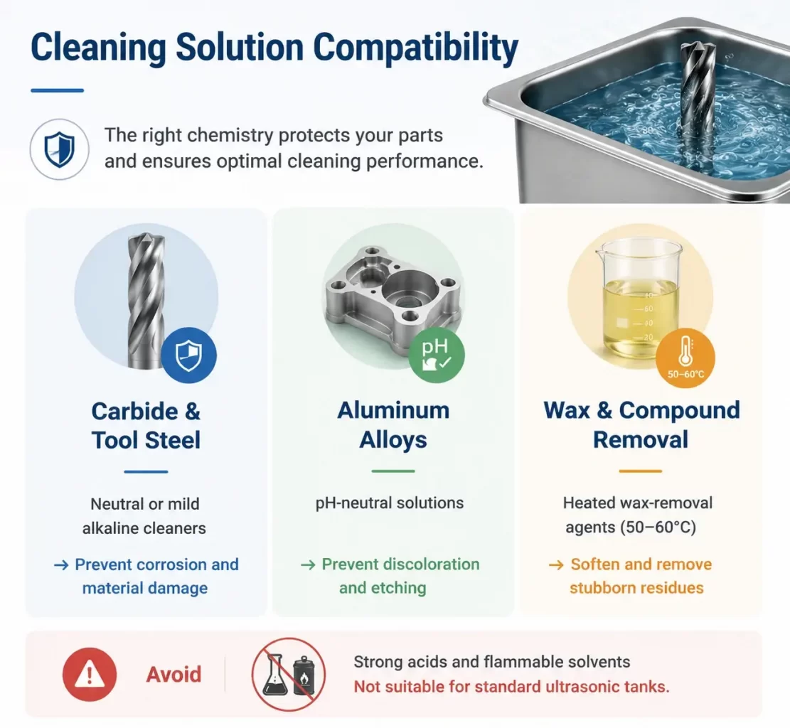 Infographic detailing cleaning solution compatibility for carbide tools, aluminum alloys, and wax removal