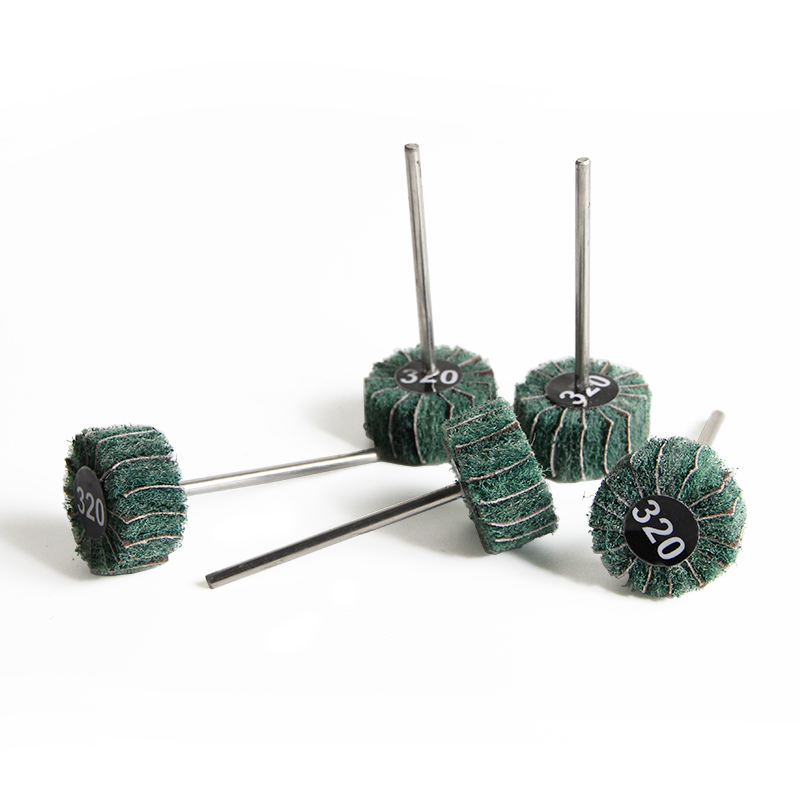 adn® mini hybrid mounted emery wheels cylinder shape Five-piece cluster of ADN 20x10mm green-fiber hybrid cylinder wheels in 320# intermediate grit highlighting the interlaid cloth flaps.