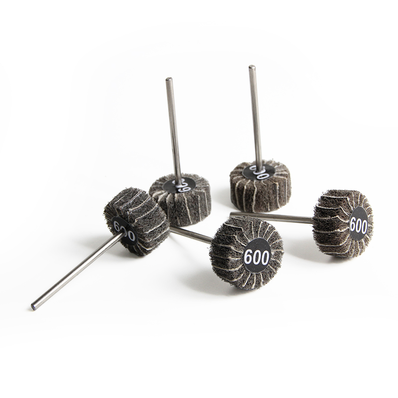 adn® mini hybrid mounted emery wheels cylinder shape Group view of ADN 20x10mm hybrid cylinder flap wheels in 600# pre-polishing fine grit mounted on 2.35mm rotary shafts.