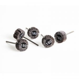 Five-piece arrangement of Thailand-made ADN 20x10mm cylinder-shaped mounted emery wheels in 180# coarse grit with 2.35mm shanks.