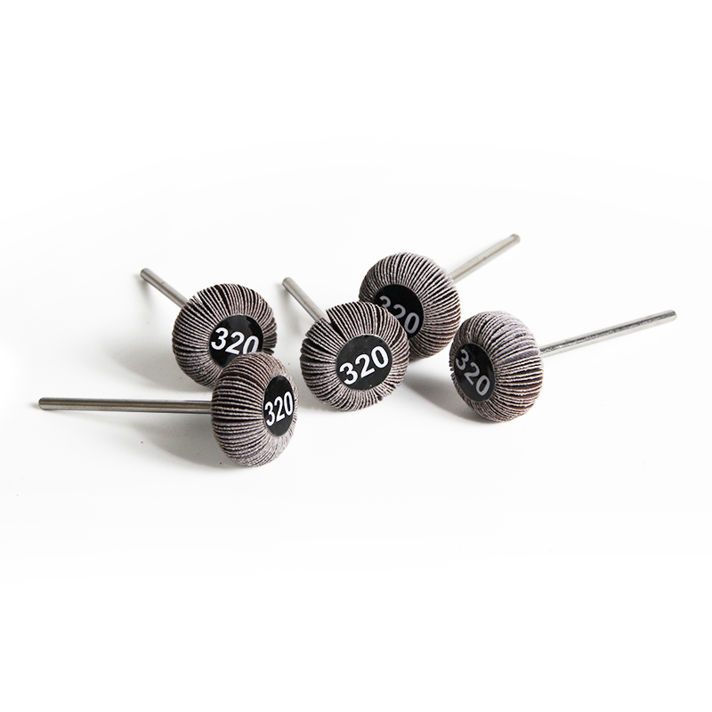 adn® mini mounted emery wheels oval shape Five-piece cluster of ADN 20x10mm oval emery flap wheels in 320# intermediate grit highlighting the rounded abrasive head geometry.