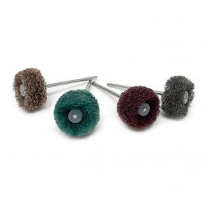 Four-piece color-coded set of ADN 23mm 3M Scotch-Brite mounted fiber wheels displaying Rough, Medium, Fine, and Very Fine variations on 2.35mm shanks.
