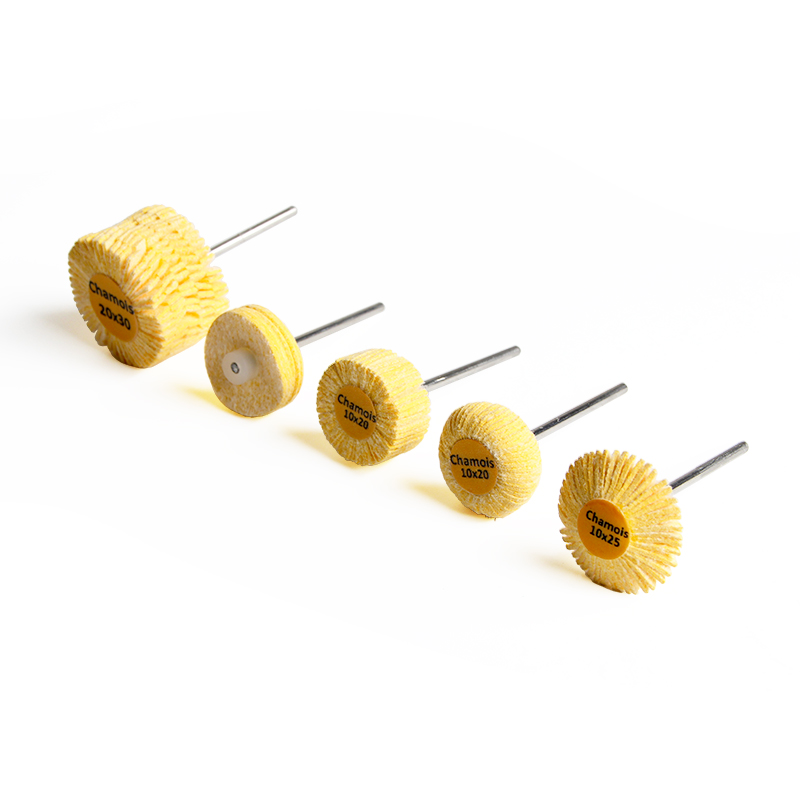 adn® mounted 3m chamois polishing wheels Perspective diagonal lineup of all five ADN 3M chamois mounted polishing wheels highlighting head shapes and thickness variations.