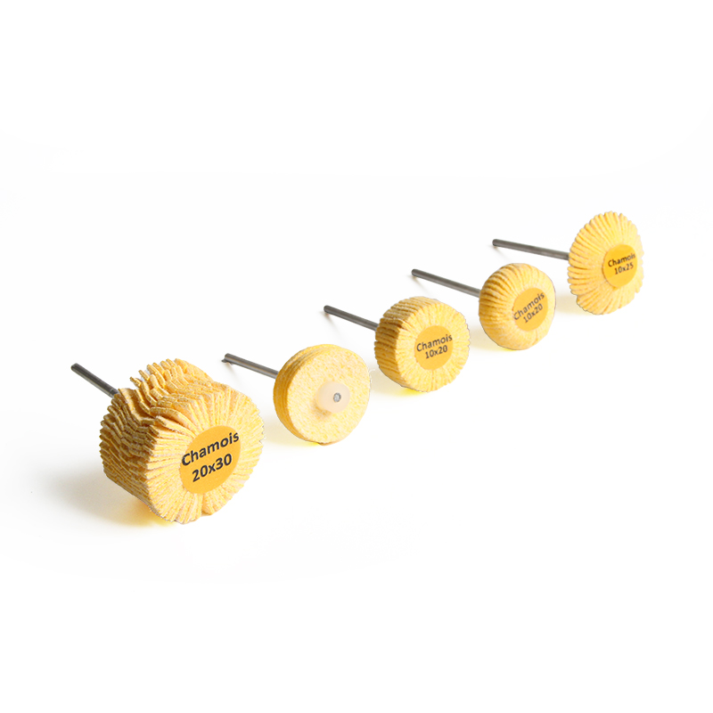 adn® mounted 3m chamois polishing wheels Overview spread of the complete ADN 3M artificial chamois mounted wheel lineup arranged on a white background on 2.35mm mandrels.