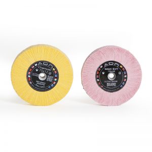Pair display of ADN 75x12mm bench buff wheels showing the yellow 3M Chamois (SKU: BFFC1074) and pink Magic Felt (SKU: BFFC1075).