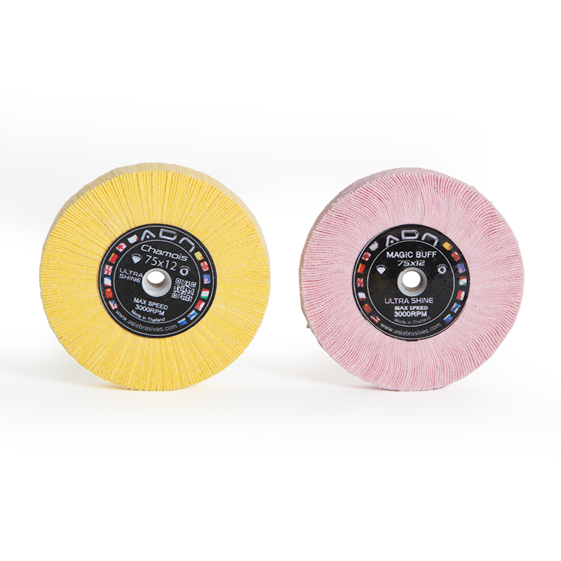 adn® 75x12 buff wheel 3m chamois / magic felt Pair display of ADN 75x12mm bench buff wheels showing the yellow 3M Chamois (SKU: BFFC1074) and pink Magic Felt (SKU: BFFC1075).