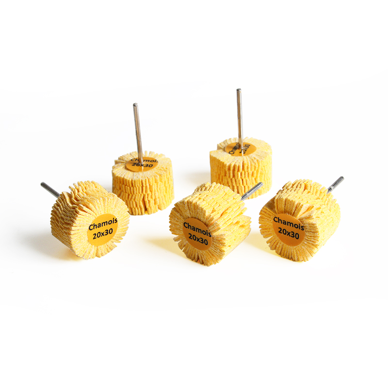 adn® mounted 3m chamois polishing wheels Five-piece group layout of ADN 20x30mm 3M artificial chamois mounted flap buffing wheels (SKU: BFFC1069) with yellow center labels on 2.35mm shanks.
