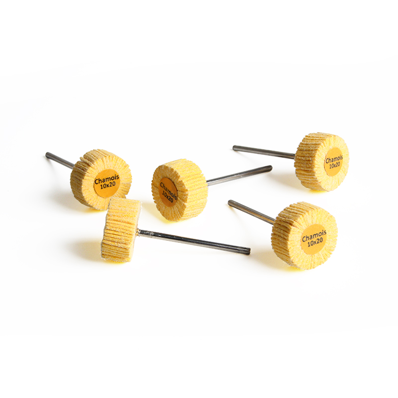 adn® mounted 3m chamois polishing wheels Five-piece cluster of ADN 10x20mm 3M artificial chamois cylindrical rotary buffs (SKU: BFFC1071) displaying yellow center labels and 2.35mm shafts.