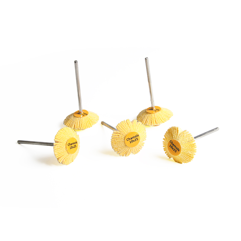 adn® mounted 3m chamois polishing wheels Five-piece set of ADN 10x25mm 3M artificial chamois fan-shaped diamond-profile buffing wheels (SKU: BFFC1073) designed for tight corners and prongs.