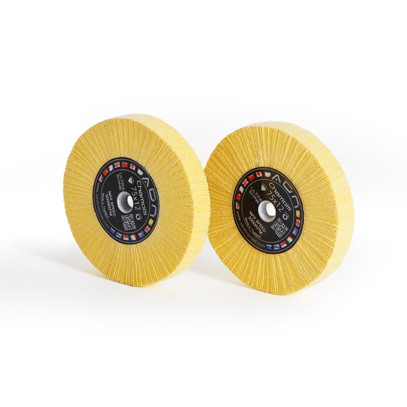 adn® 75x12 buff wheel 3m chamois / magic felt Perspective pair view of ADN 75x12mm 3M synthetic chamois yellow buffing wheels displaying the radial flap structure.