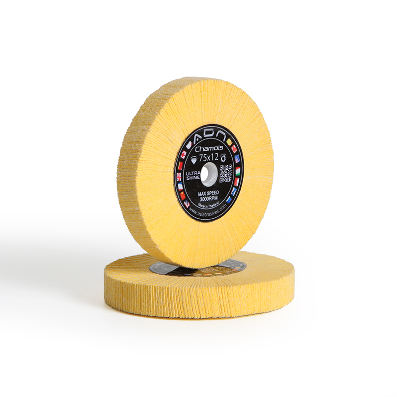 adn® 75x12 buff wheel 3m chamois / magic felt Upright and stacked layout of ADN 75x12mm 3M chamois yellow polishing wheels showing center hub labels and edge thickness.