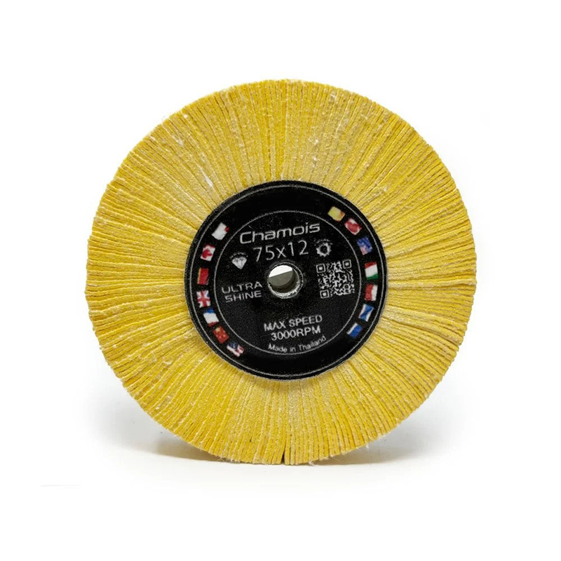adn® 75x12 buff wheel 3m chamois / magic felt Direct front perspective of the yellow ADN 75x12mm 3M Chamois buffing wheel highlighting the 3,000 RPM rating and center arbor hole.