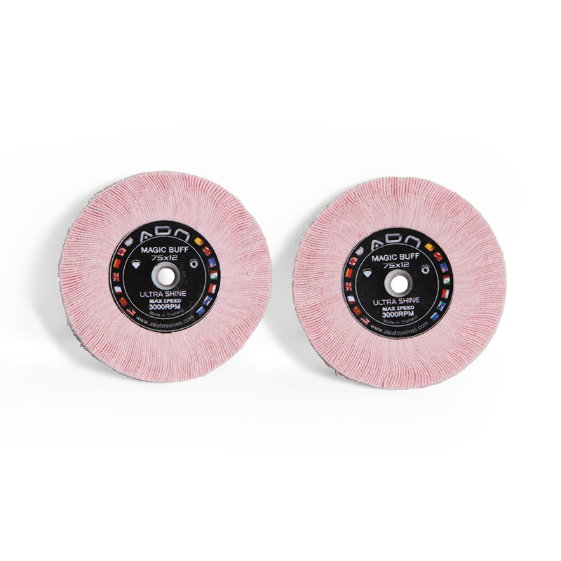 adn® 75x12 buff wheel 3m chamois / magic felt Side-by-side front view of two pink ADN 75x12mm Magic Buff mirror polishing wheels with center specification labels.