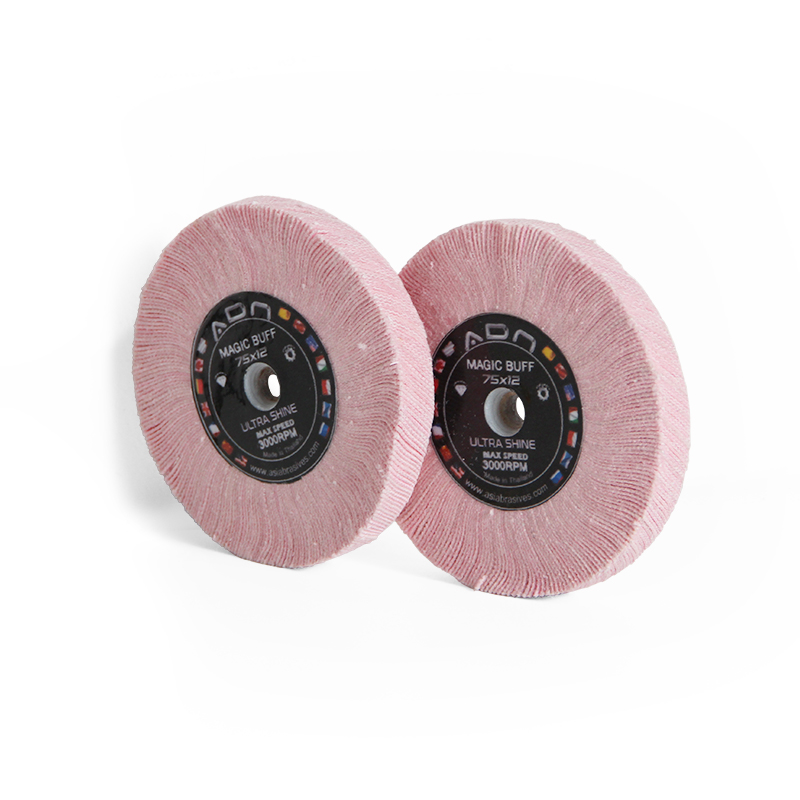 adn® 75x12 buff wheel 3m chamois / magic felt Pair arrangement of pink ADN 75x12mm Magic Felt buffing wheels (SKU: BFFC1075) displaying the dense micro-abrasive cloth layers.