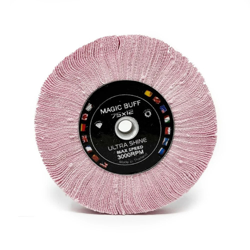 adn® 75x12 buff wheel 3m chamois / magic felt Close-up front view of the pink ADN 75x12mm Magic Felt buff wheel showcasing its integrated ultra-micro abrasive fiber face.