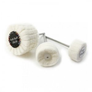 Trio presentation of ADN French natural felt mounted buffing wheels showing the 20x30mm flap buff, 10x20mm cylinder, and 23mm layered wheel on 2.35mm shanks.