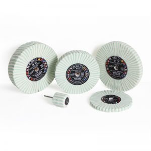Complete product line display of ADN Magic Felt mirror polishing wheels showing four bench lathe sizes alongside the 25x25mm mounted rotary bob.