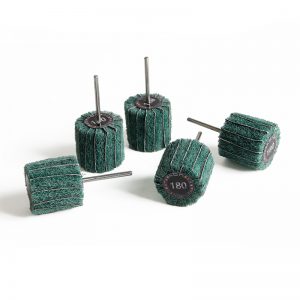 Five-piece cluster of ADN Mini 25x25mm mounted flap wheels in 180# coarse green grit on 2.35mm stainless steel mandrels.