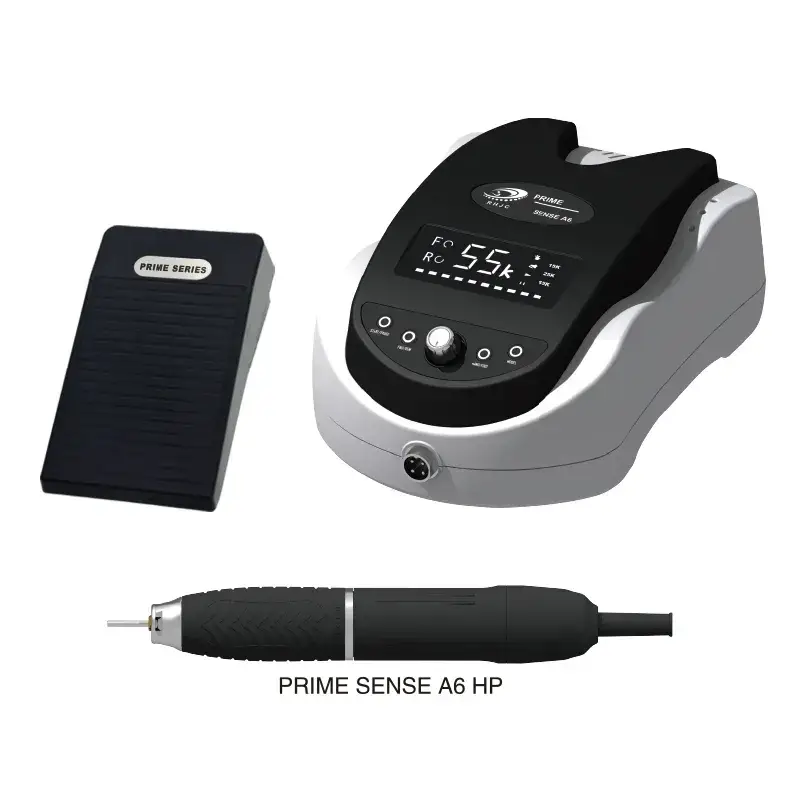 Electric brushless micromotor system with digital control box, handpiece, and foot pedal.