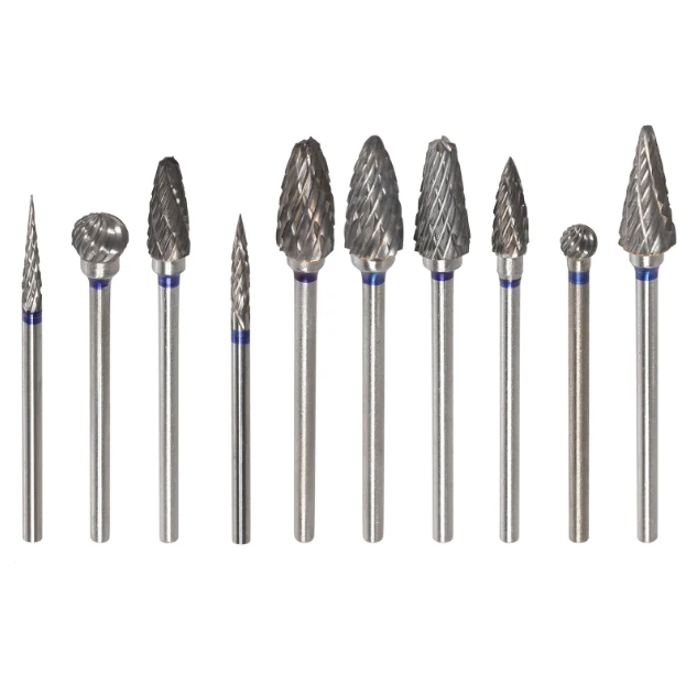 Assortment of carbide rotary burrs with various shapes and shanks for precision metal grinding and shaping.