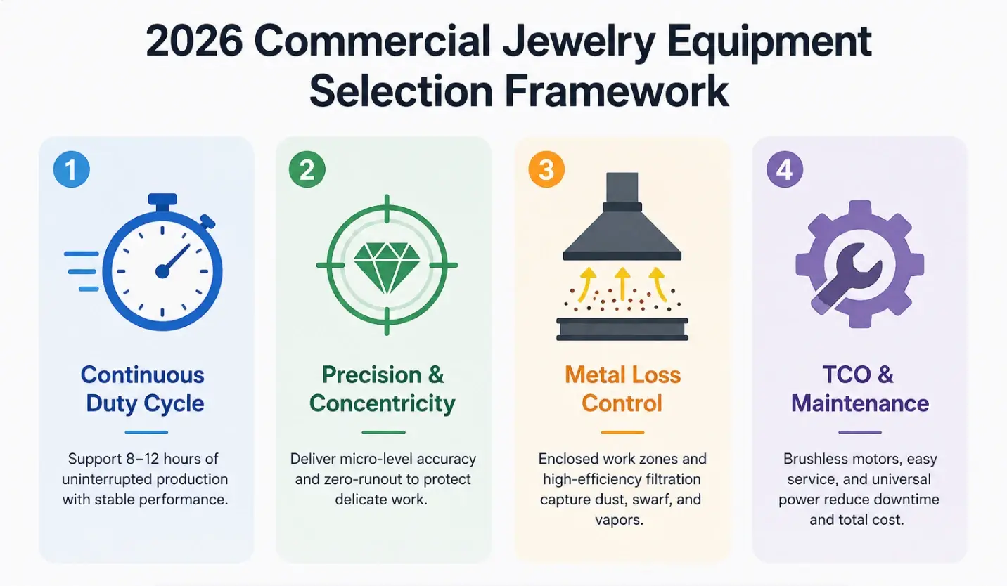 Infographic outlining jewelry equipment criteria including duty cycle, concentricity, metal recovery, and TCO.
