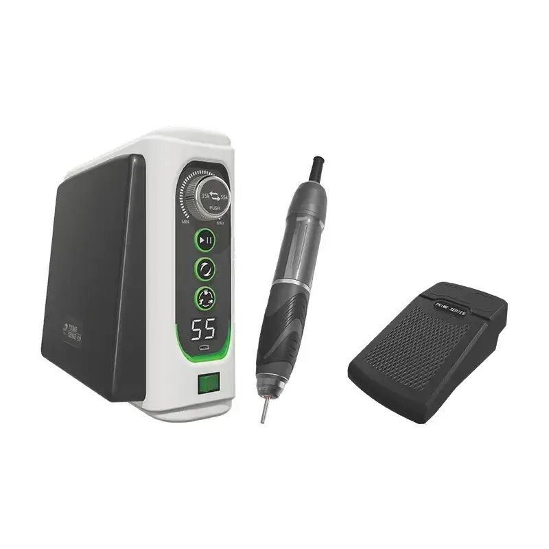 Digital brushless micromotor drill system with a speed control box, ergonomic handpiece, and foot pedal.