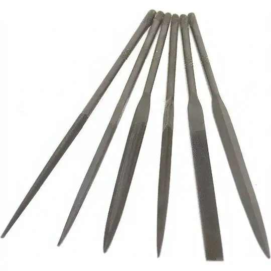 A 6-piece diamond needle file set for detailed metal shaping and jewelry finishing.