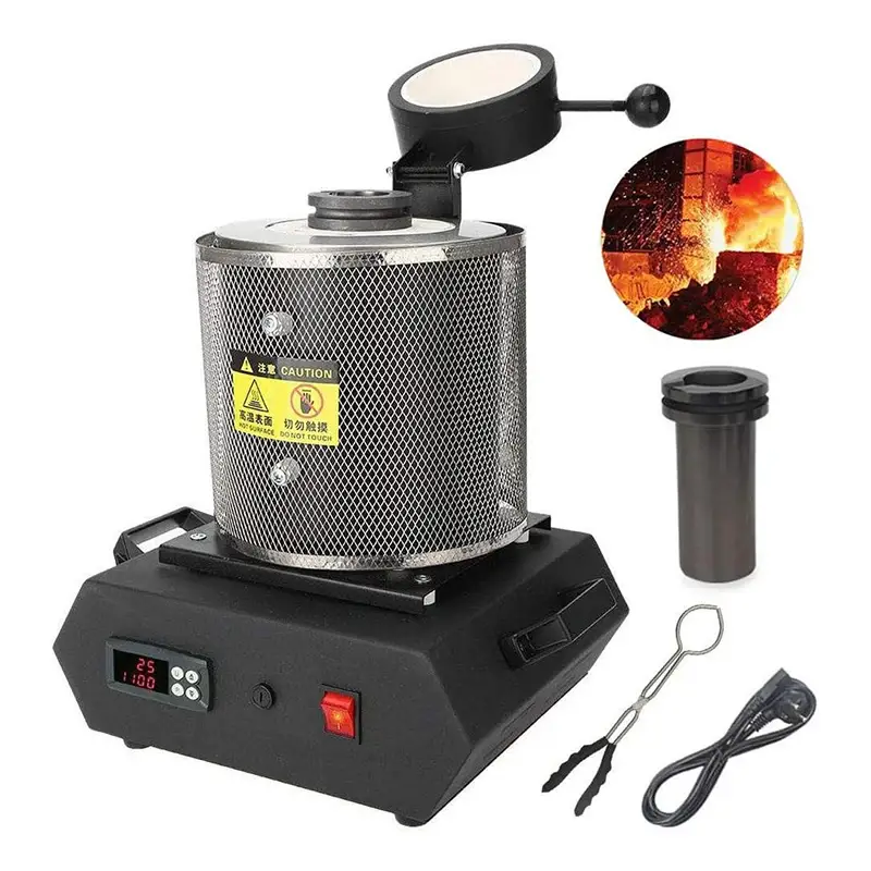 Digital electric melting furnace set with a graphite crucible, crucible tongs, and power cable for gold and silver.