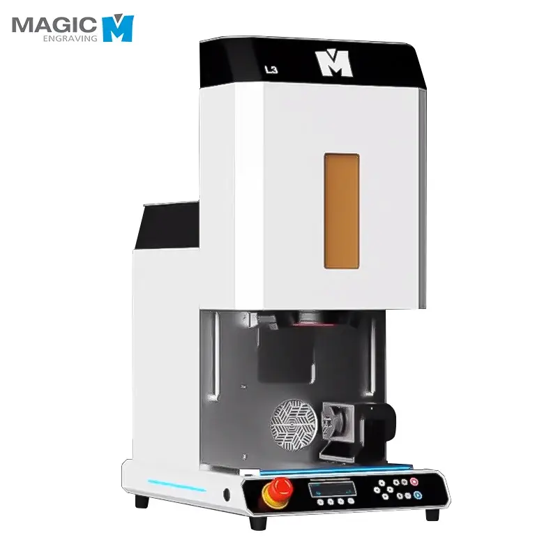 Fully enclosed desktop jewelry fiber laser marking and engraving machine with integrated rotary axis.